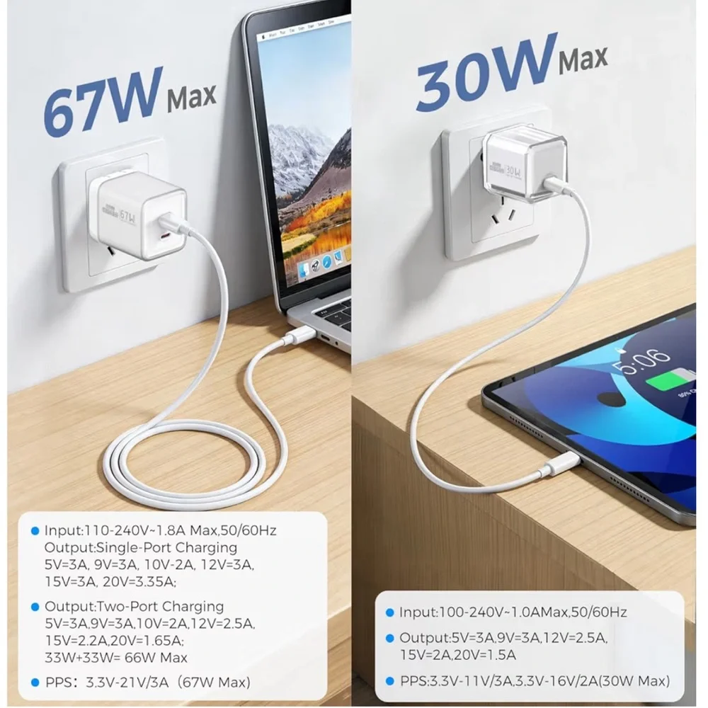 USB C Charger Block,GaN PD 3.0 67W 30W Fast Charging Wall Plug